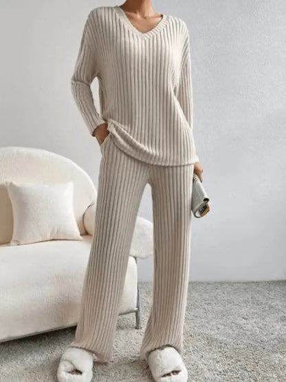 Harriet | Ribbed Knit Lounge Set Sky Blue V-Neck Long Sleeve for Women