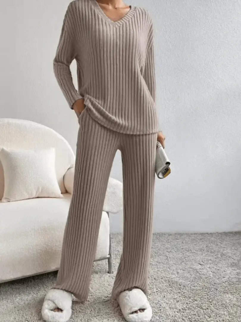 Harriet | Ribbed Knit Lounge Set Sky Blue V-Neck Long Sleeve for Women