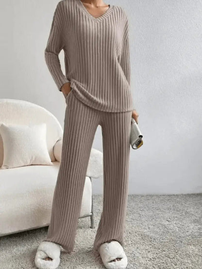 Harriet | Ribbed Knit Lounge Set Sky Blue V-Neck Long Sleeve for Women