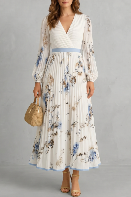 Rosalind | Maxi Dress Ivory Floral Chiffon Pleated V-Neck for Women