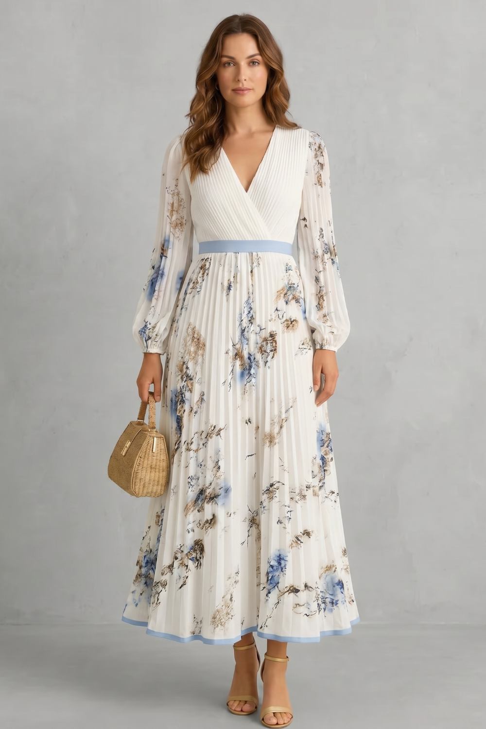 Rosalind | Maxi Dress Ivory Floral Chiffon Pleated V-Neck for Women