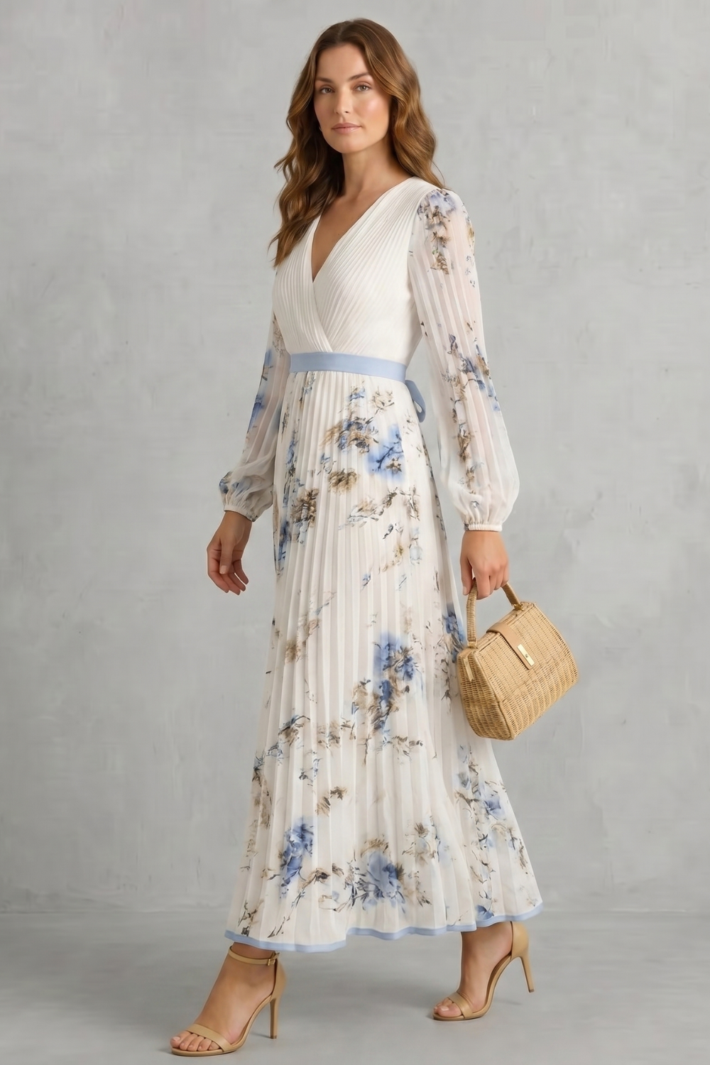 Rosalind | Maxi Dress Ivory Floral Chiffon Pleated V-Neck for Women