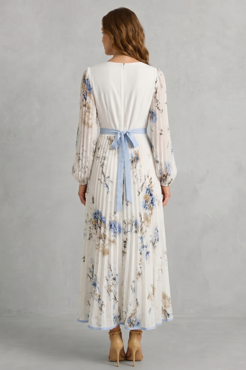Rosalind | Maxi Dress Ivory Floral Chiffon Pleated V-Neck for Women