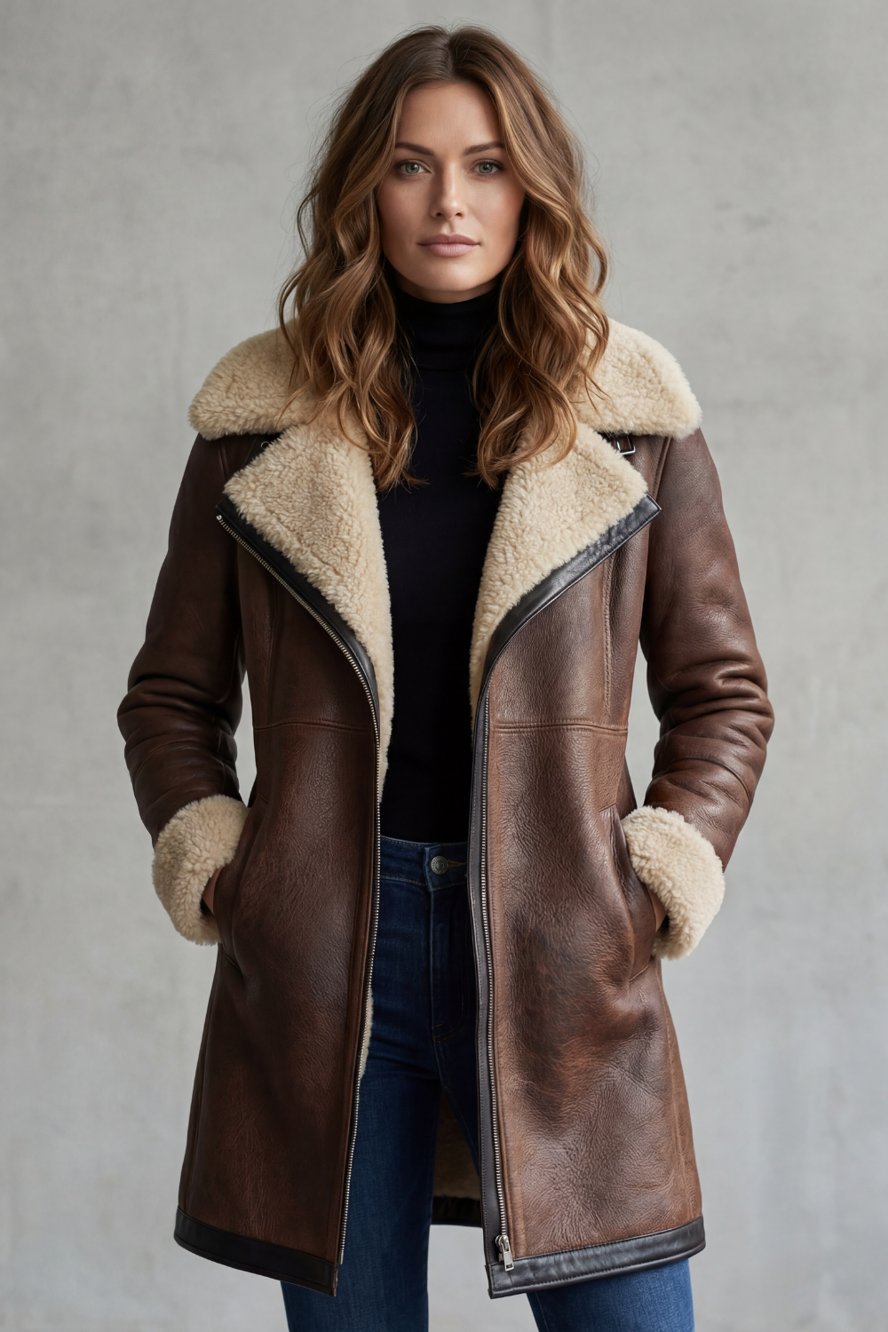 Verity | Longline Coat Brown Faux Leather Shearling-Lined for Women