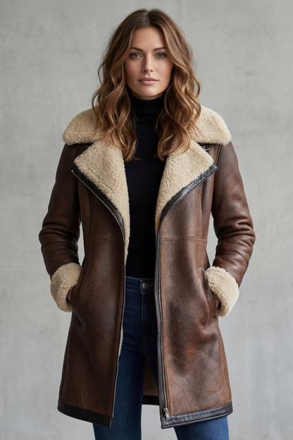 Verity | Longline Coat Brown Faux Leather Shearling-Lined for Women