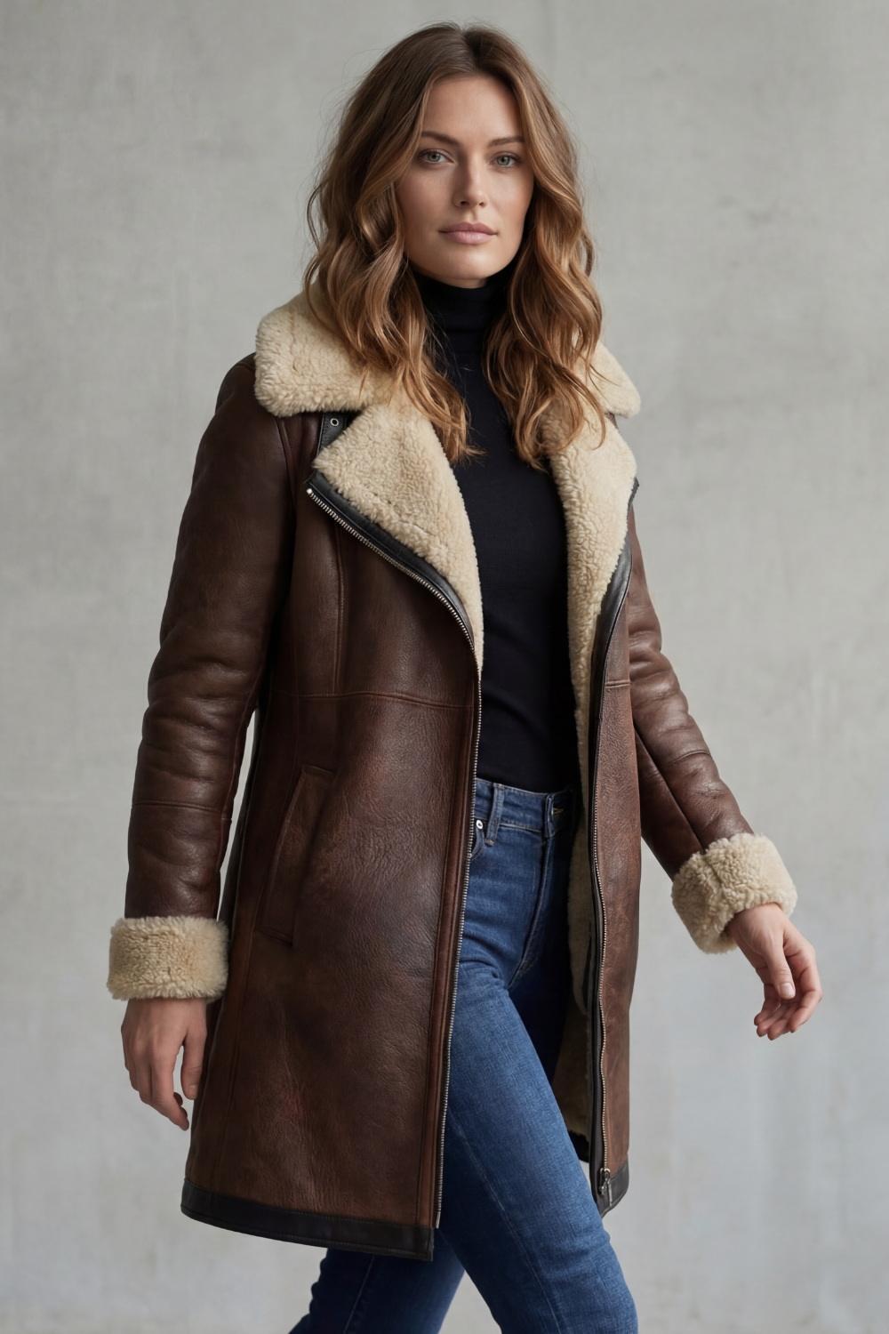 Verity | Longline Coat Brown Faux Leather Shearling-Lined for Women