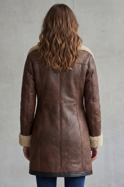 Verity | Longline Coat Brown Faux Leather Shearling-Lined for Women