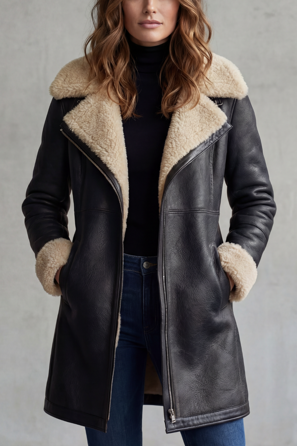 Verity | Longline Coat Brown Faux Leather Shearling-Lined for Women