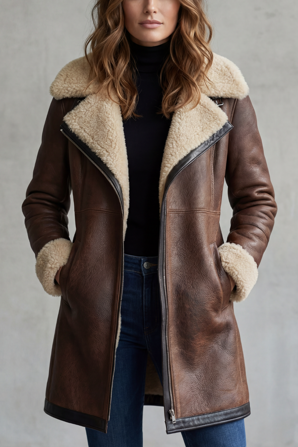 Verity | Longline Coat Brown Faux Leather Shearling-Lined for Women