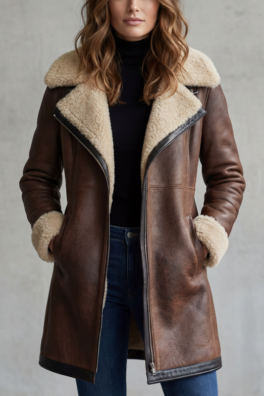 Verity | Longline Coat Brown Faux Leather Shearling-Lined for Women