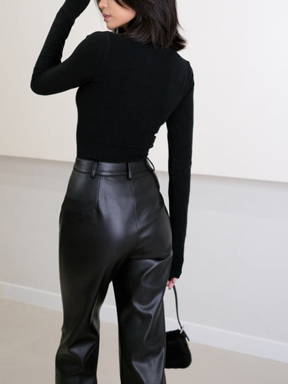 Naomi | Straight-Leg Trousers Black Faux Leather High-Waisted for Women