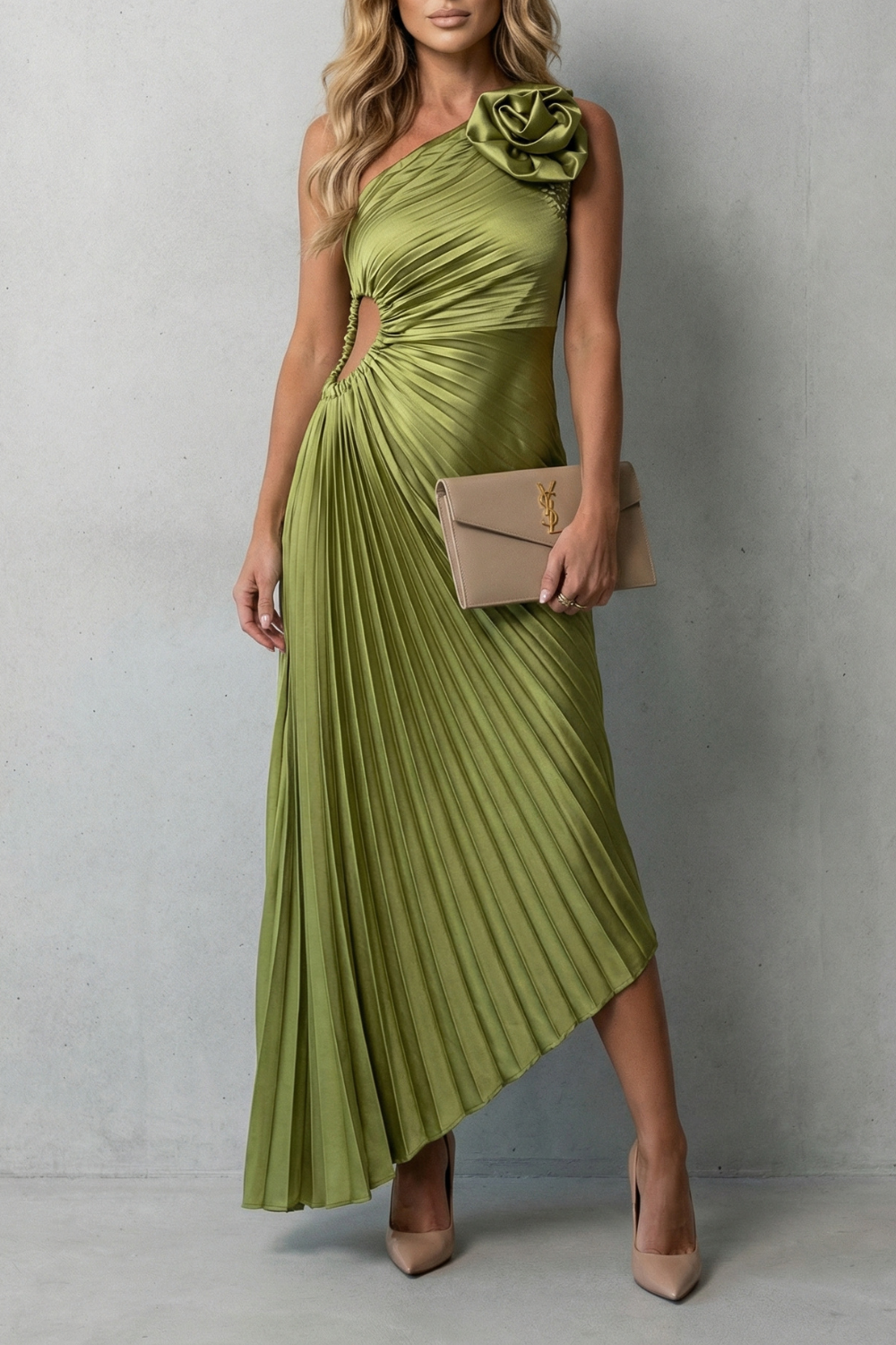 Linnet | Maxi Dress Olive Green Satin Pleated One-Shoulder Floral for Women