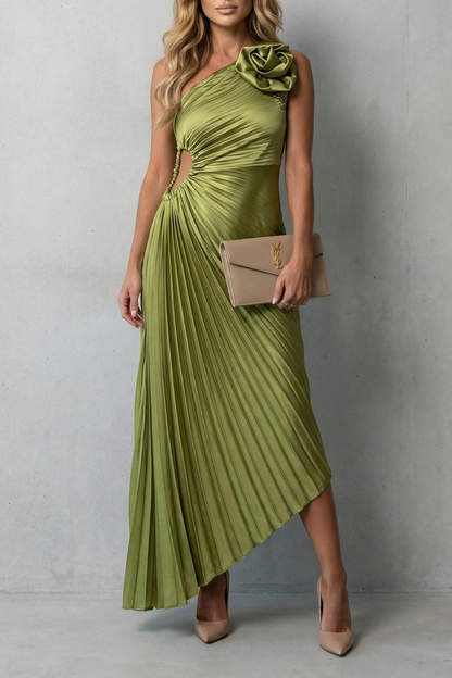 Linnet | Maxi Dress Olive Green Satin Pleated One-Shoulder Floral for Women