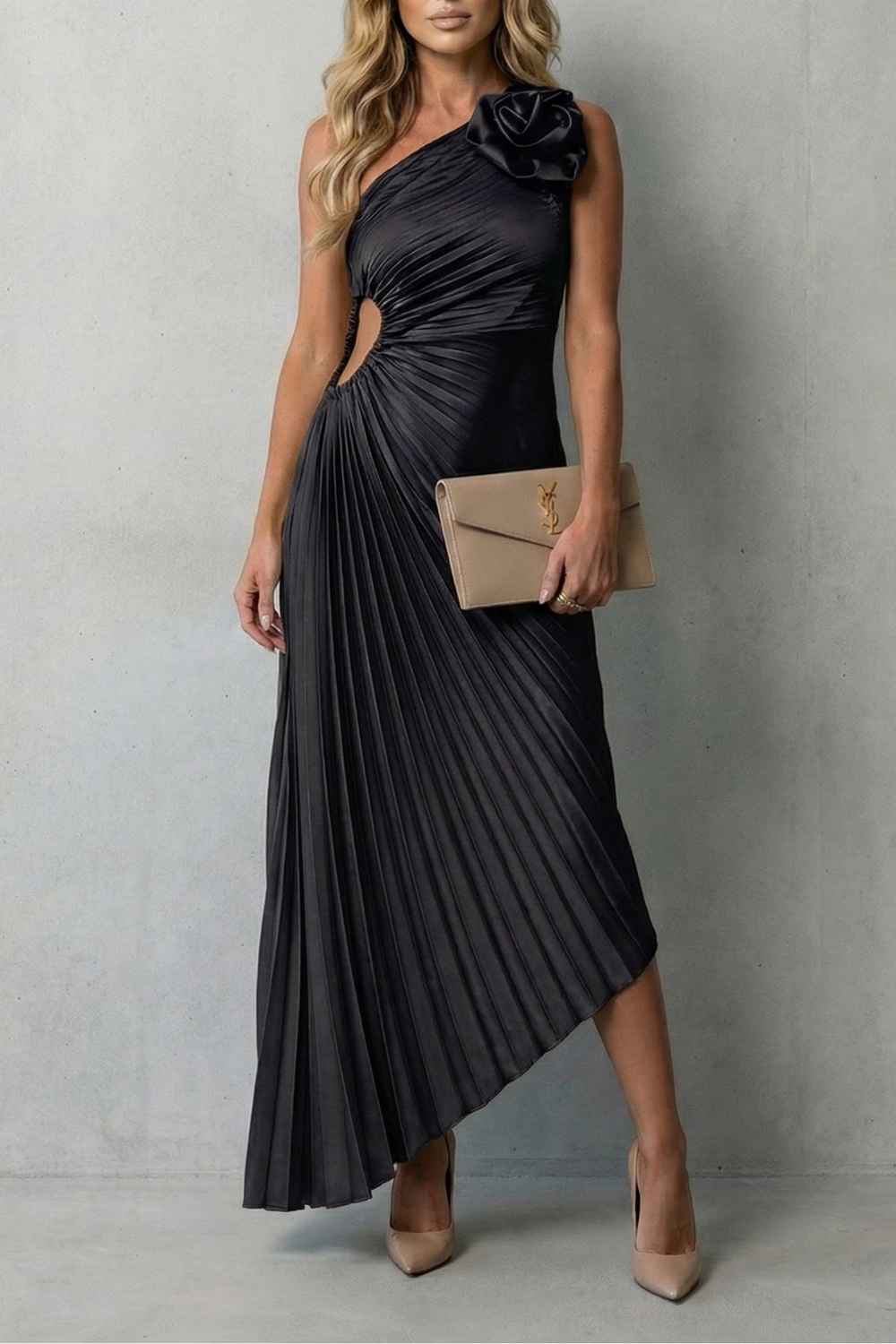 Linnet | Maxi Dress Olive Green Satin Pleated One-Shoulder Floral for Women