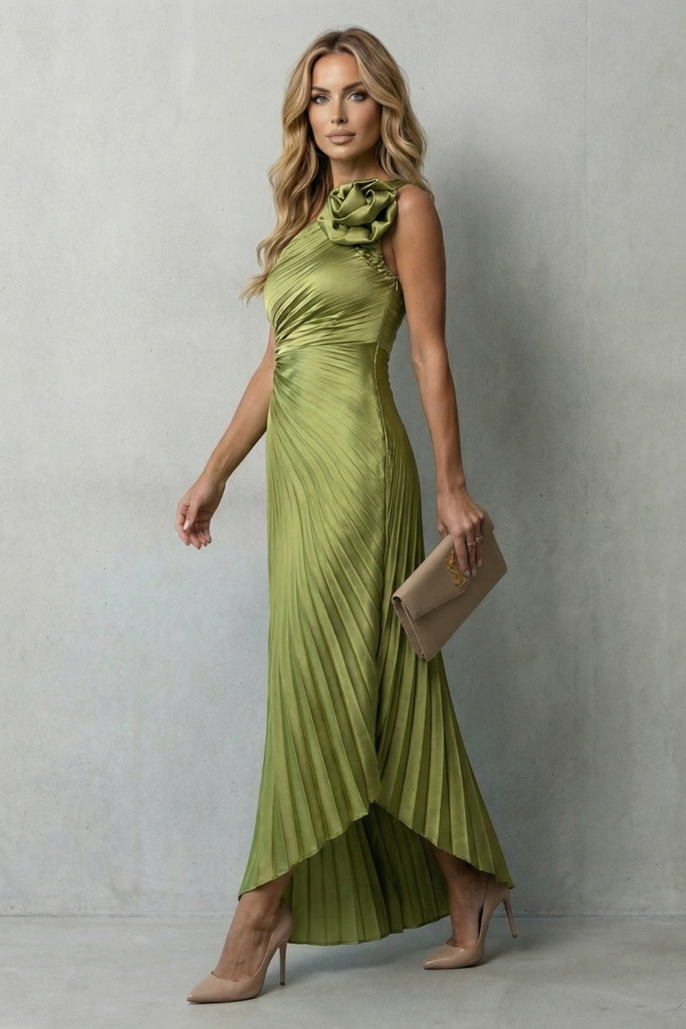 Linnet | Maxi Dress Olive Green Satin Pleated One-Shoulder Floral for Women