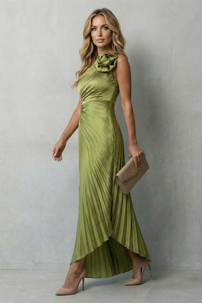 Linnet | Maxi Dress Olive Green Satin Pleated One-Shoulder Floral for Women