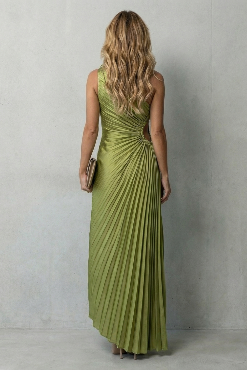 Linnet | Maxi Dress Olive Green Satin Pleated One-Shoulder Floral for Women