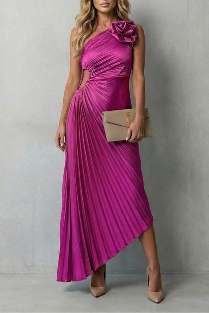 Linnet | Maxi Dress Olive Green Satin Pleated One-Shoulder Floral for Women