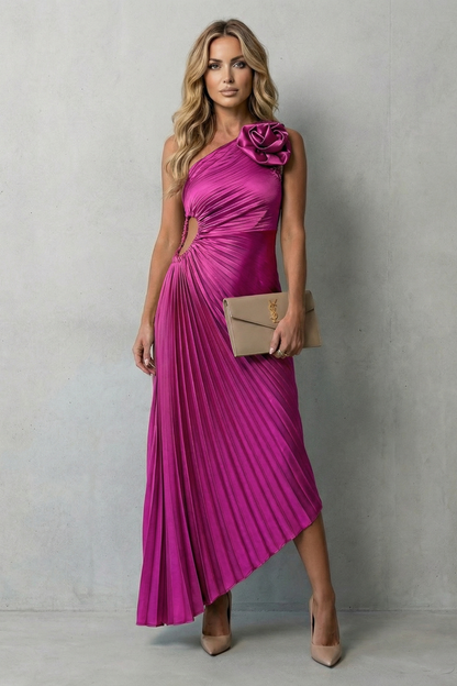 Linnet | Maxi Dress Olive Green Satin Pleated One-Shoulder Floral for Women