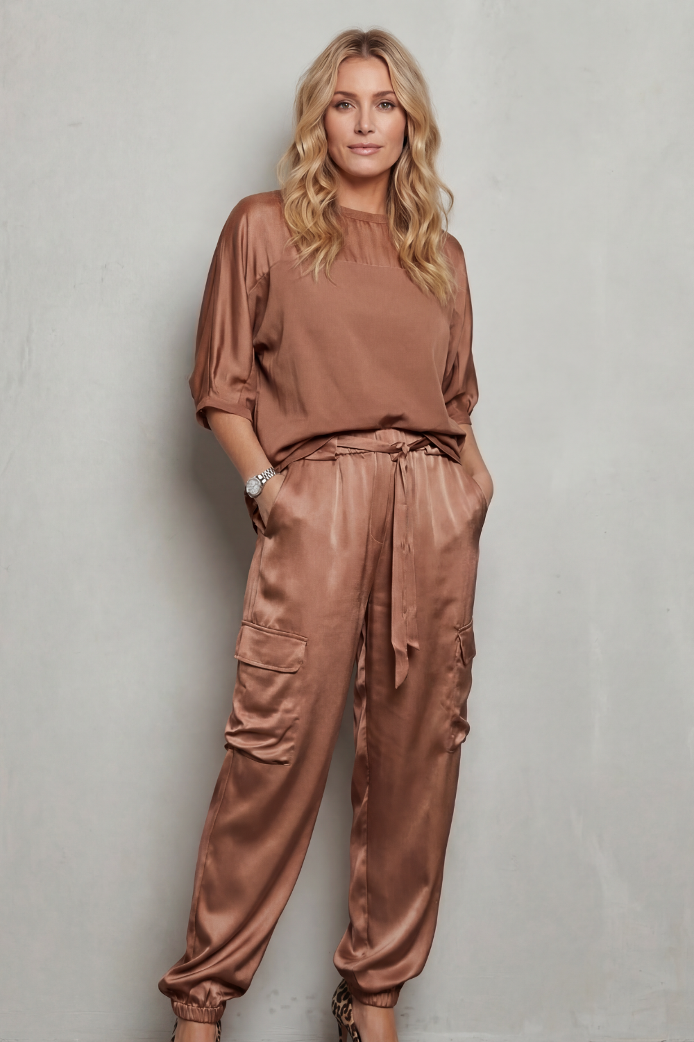 Lynnette | Satin Cargo Lounge Set Champagne Silky Relaxed Fit for Women