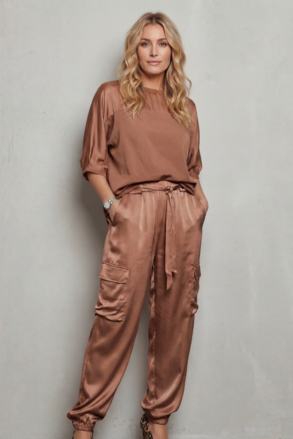 Lynnette | Satin Cargo Lounge Set Champagne Silky Relaxed Fit for Women