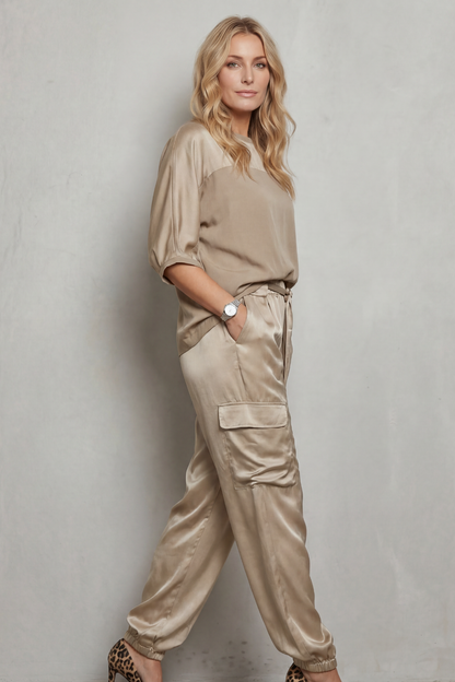 Lynnette | Satin Cargo Lounge Set Champagne Silky Relaxed Fit for Women