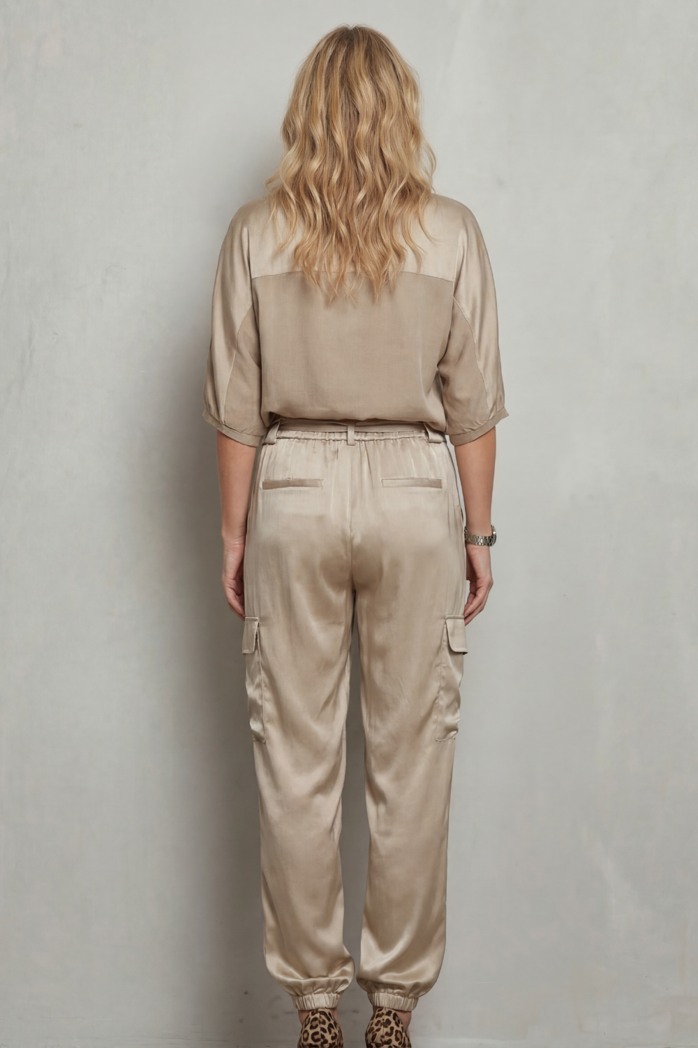 Lynnette | Satin Cargo Lounge Set Champagne Silky Relaxed Fit for Women