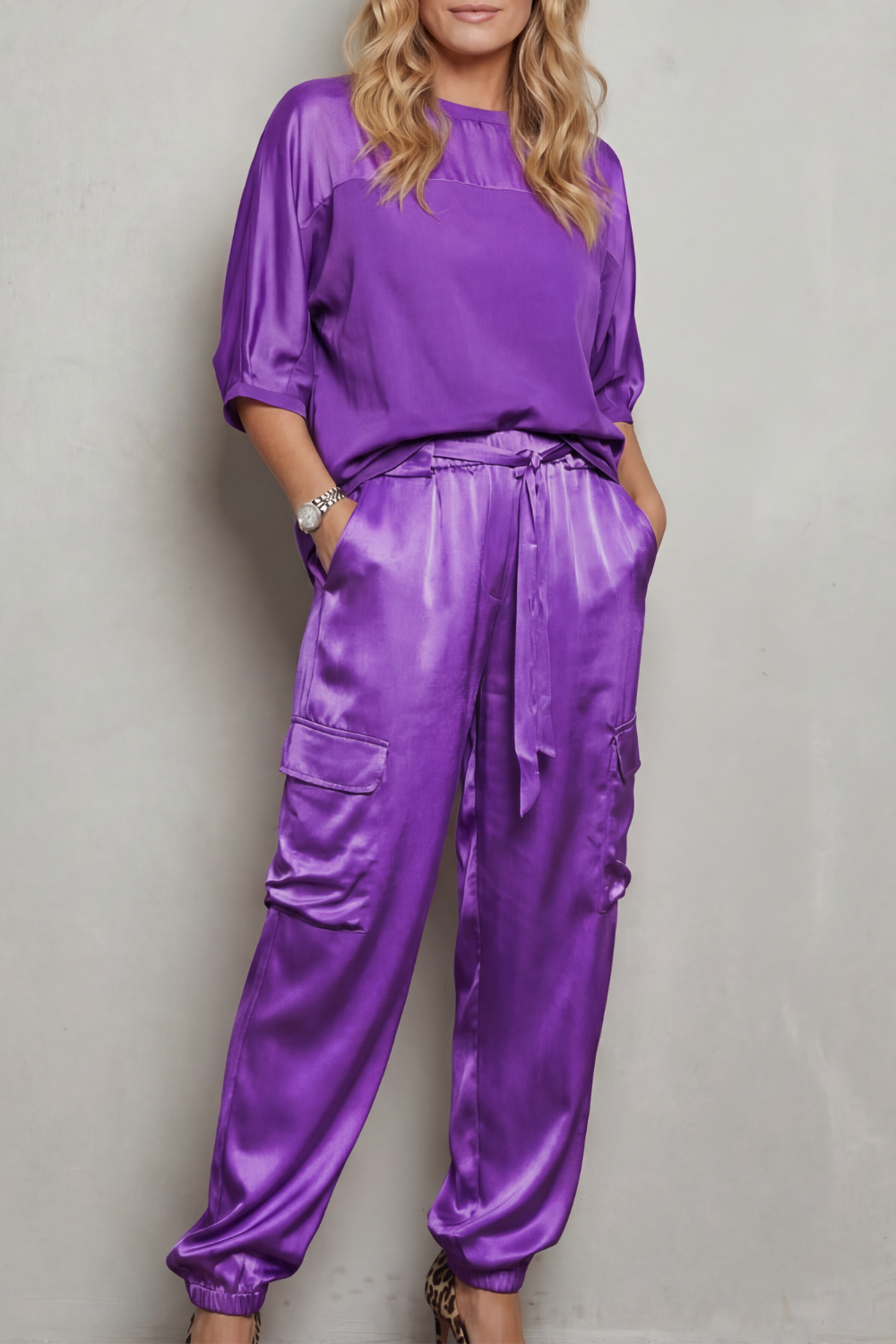 Lynnette | Satin Cargo Lounge Set Champagne Silky Relaxed Fit for Women