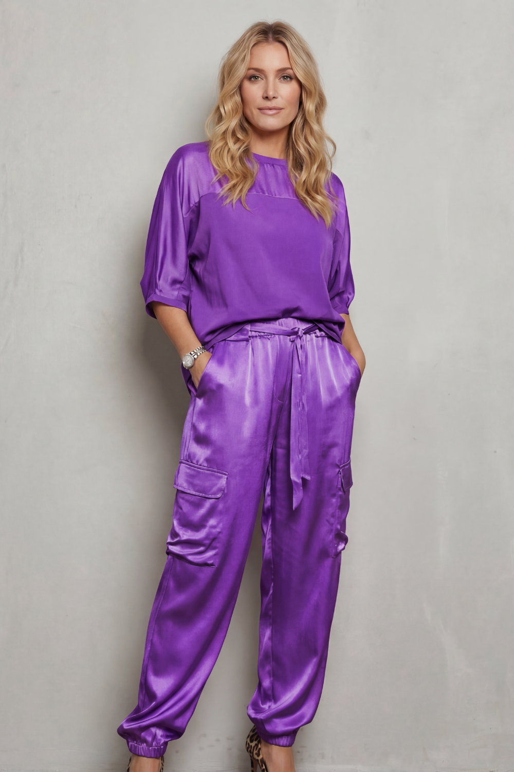 Lynnette | Satin Cargo Lounge Set Champagne Silky Relaxed Fit for Women
