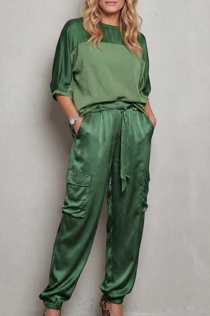 Lynnette | Satin Cargo Lounge Set Champagne Silky Relaxed Fit for Women
