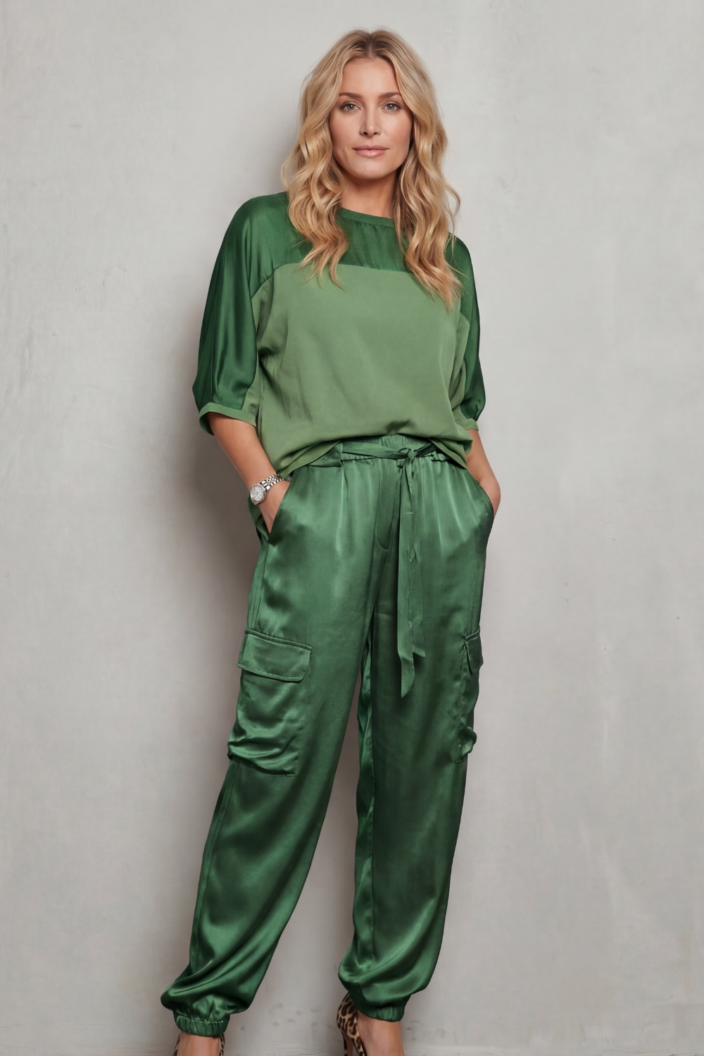 Lynnette | Satin Cargo Lounge Set Champagne Silky Relaxed Fit for Women