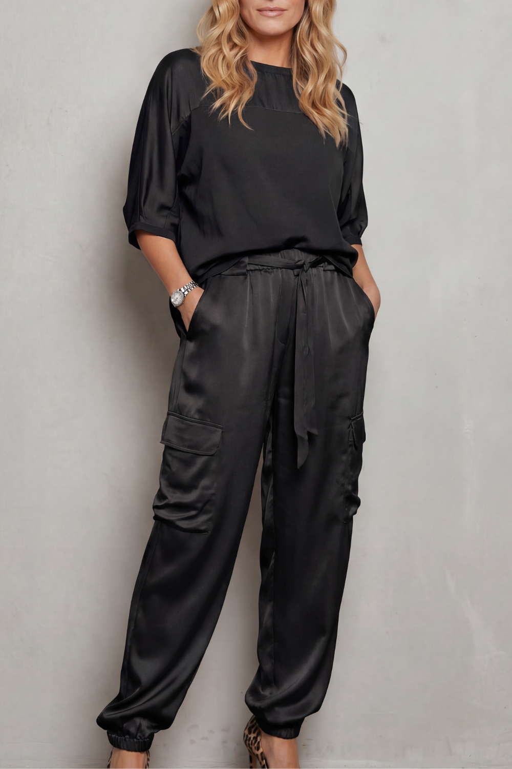 Lynnette | Satin Cargo Lounge Set Champagne Silky Relaxed Fit for Women