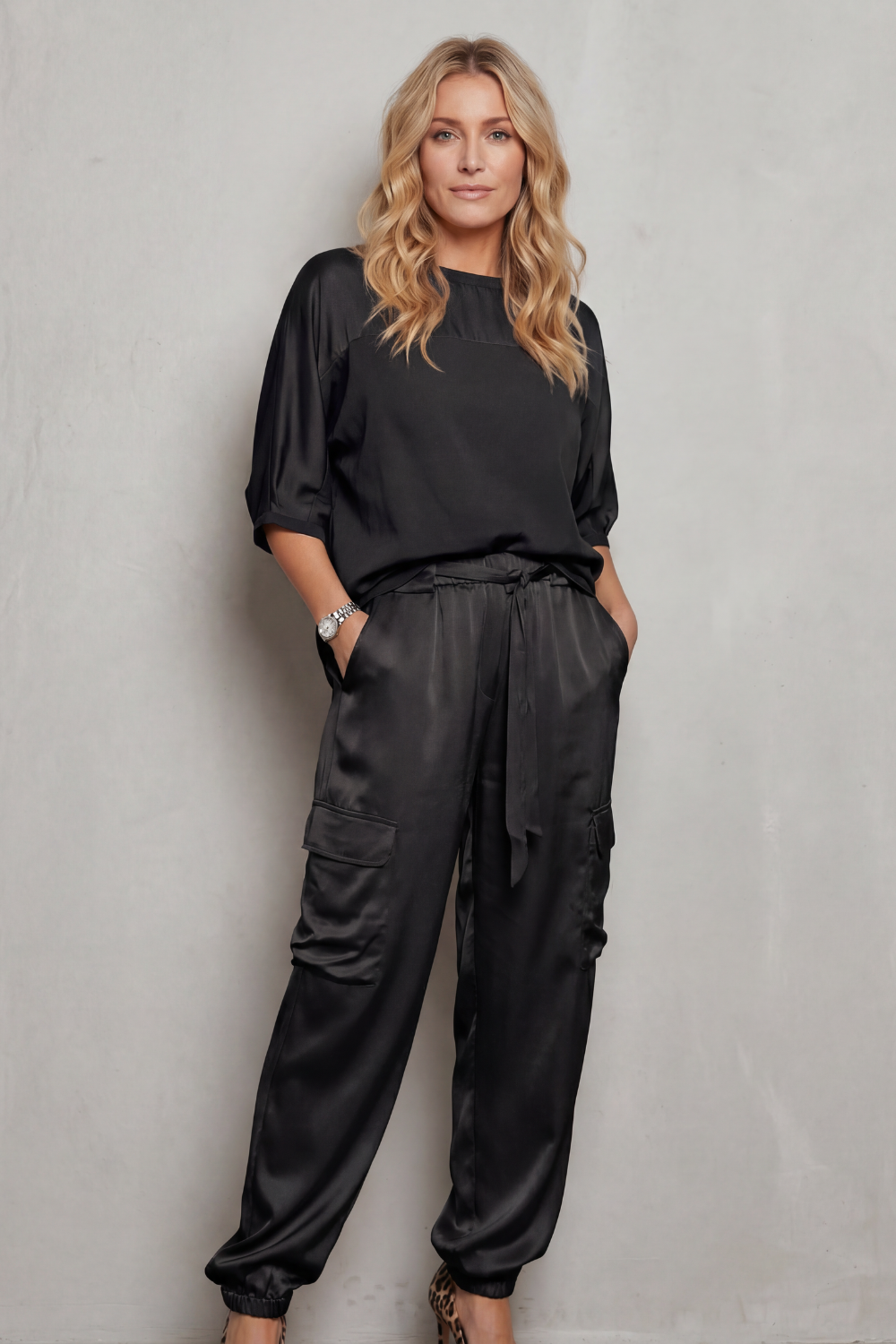 Lynnette | Satin Cargo Lounge Set Champagne Silky Relaxed Fit for Women