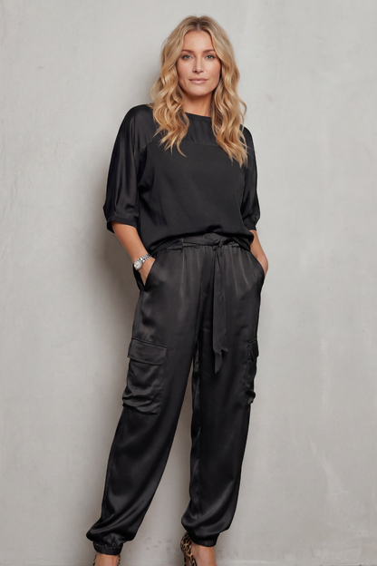 Lynnette | Satin Cargo Lounge Set Champagne Silky Relaxed Fit for Women