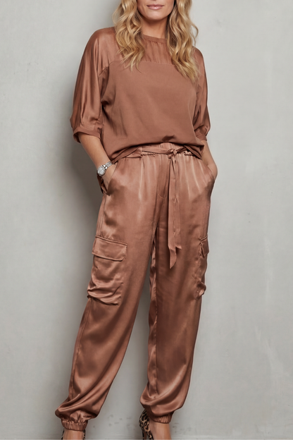 Lynnette | Satin Cargo Lounge Set Champagne Silky Relaxed Fit for Women