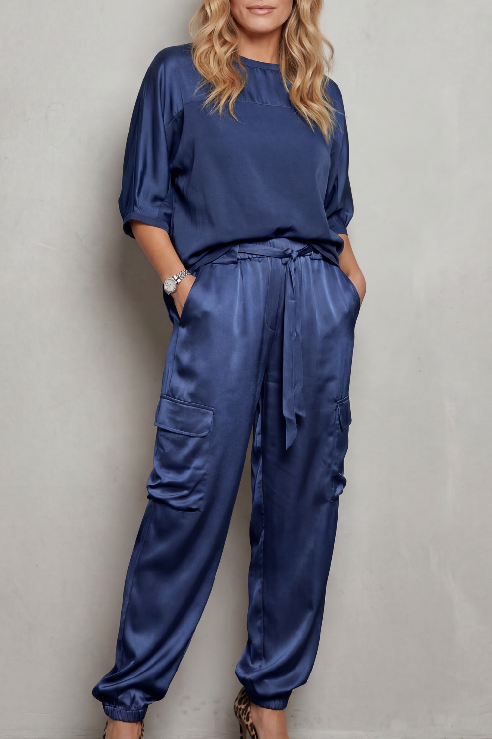 Lynnette | Satin Cargo Lounge Set Champagne Silky Relaxed Fit for Women