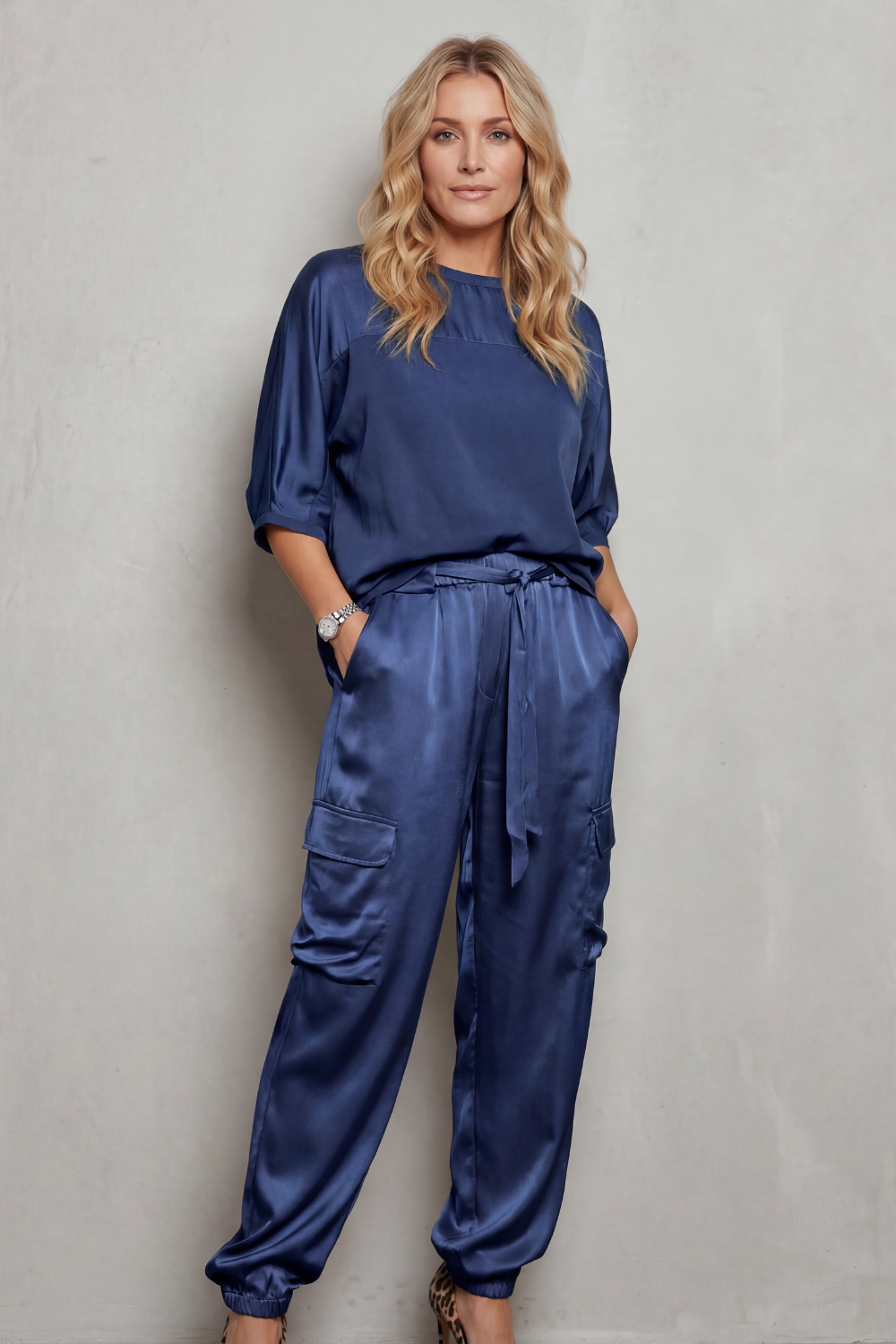 Lynnette | Satin Cargo Lounge Set Champagne Silky Relaxed Fit for Women