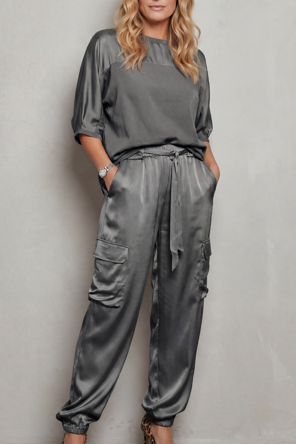 Lynnette | Satin Cargo Lounge Set Champagne Silky Relaxed Fit for Women