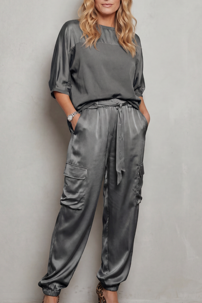 Lynnette | Satin Cargo Lounge Set Champagne Silky Relaxed Fit for Women