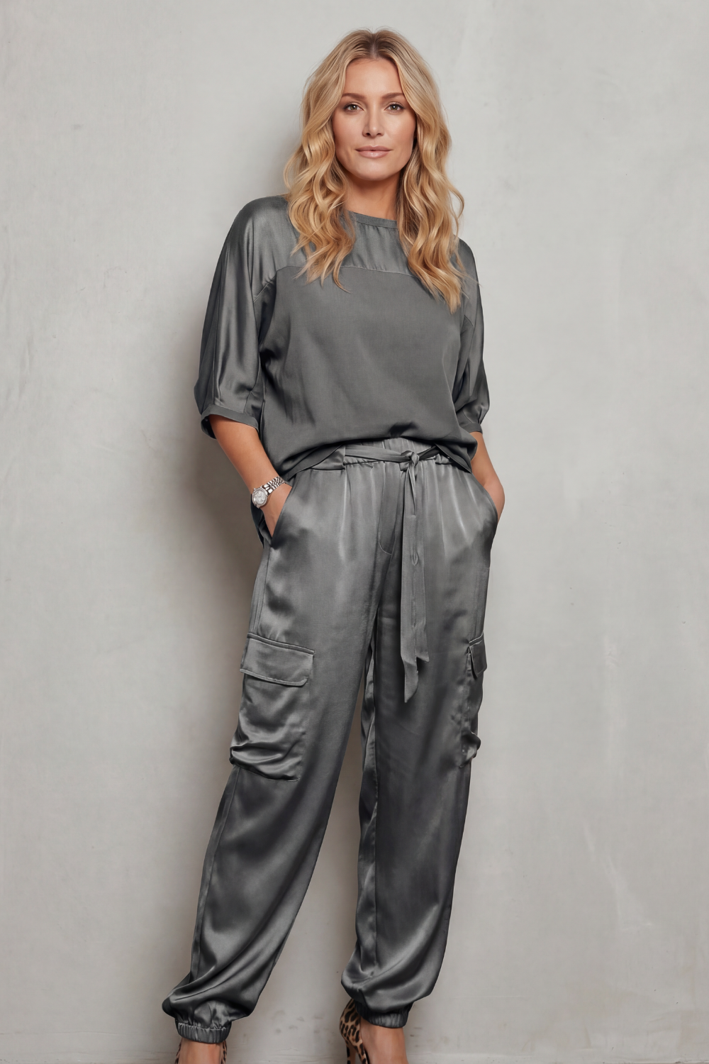Lynnette | Satin Cargo Lounge Set Champagne Silky Relaxed Fit for Women