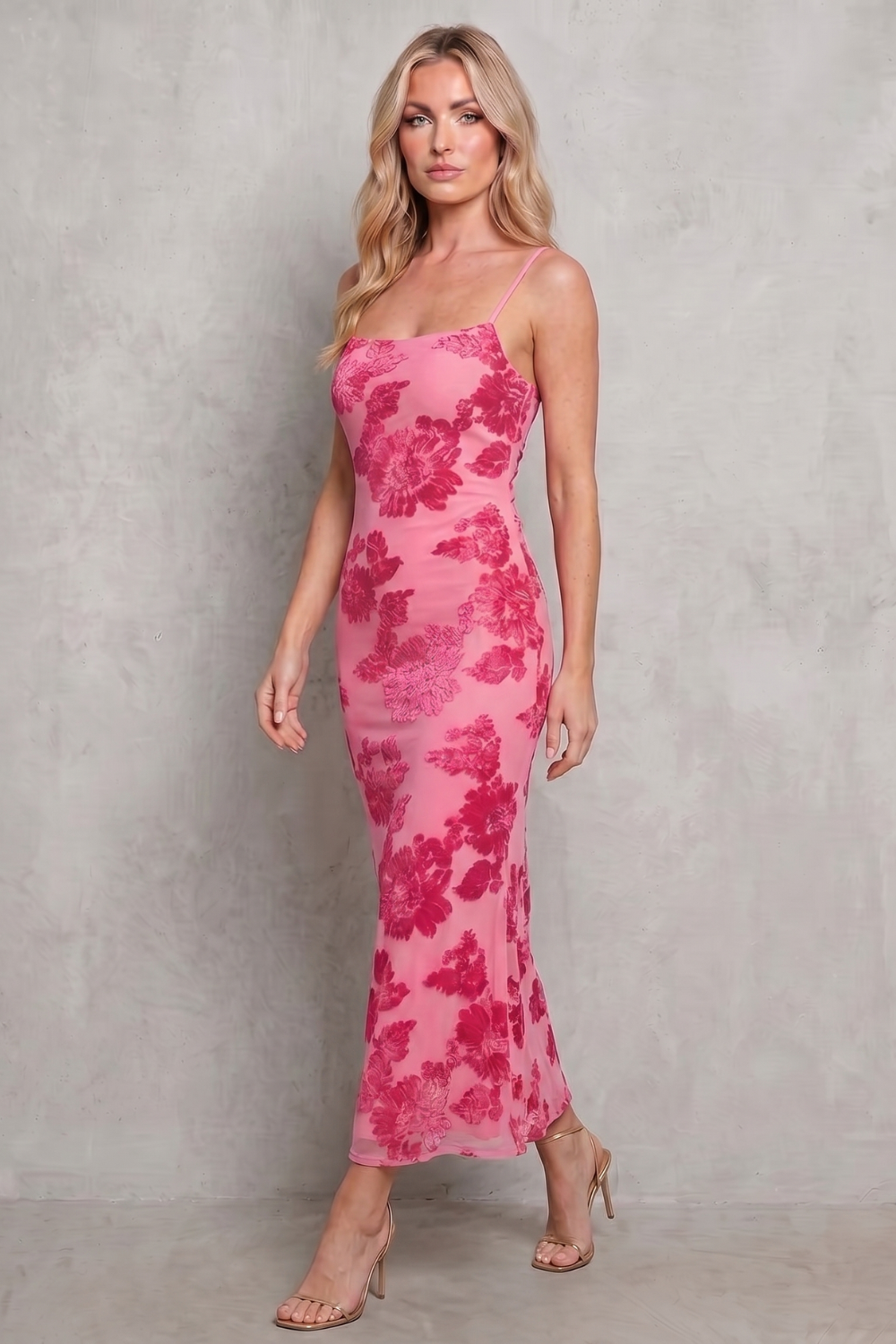 Rosalind | Maxi Dress Pink Floral Mesh Bodycon Spaghetti Strap for Women