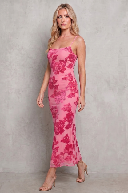 Rosalind | Maxi Dress Pink Floral Mesh Bodycon Spaghetti Strap for Women