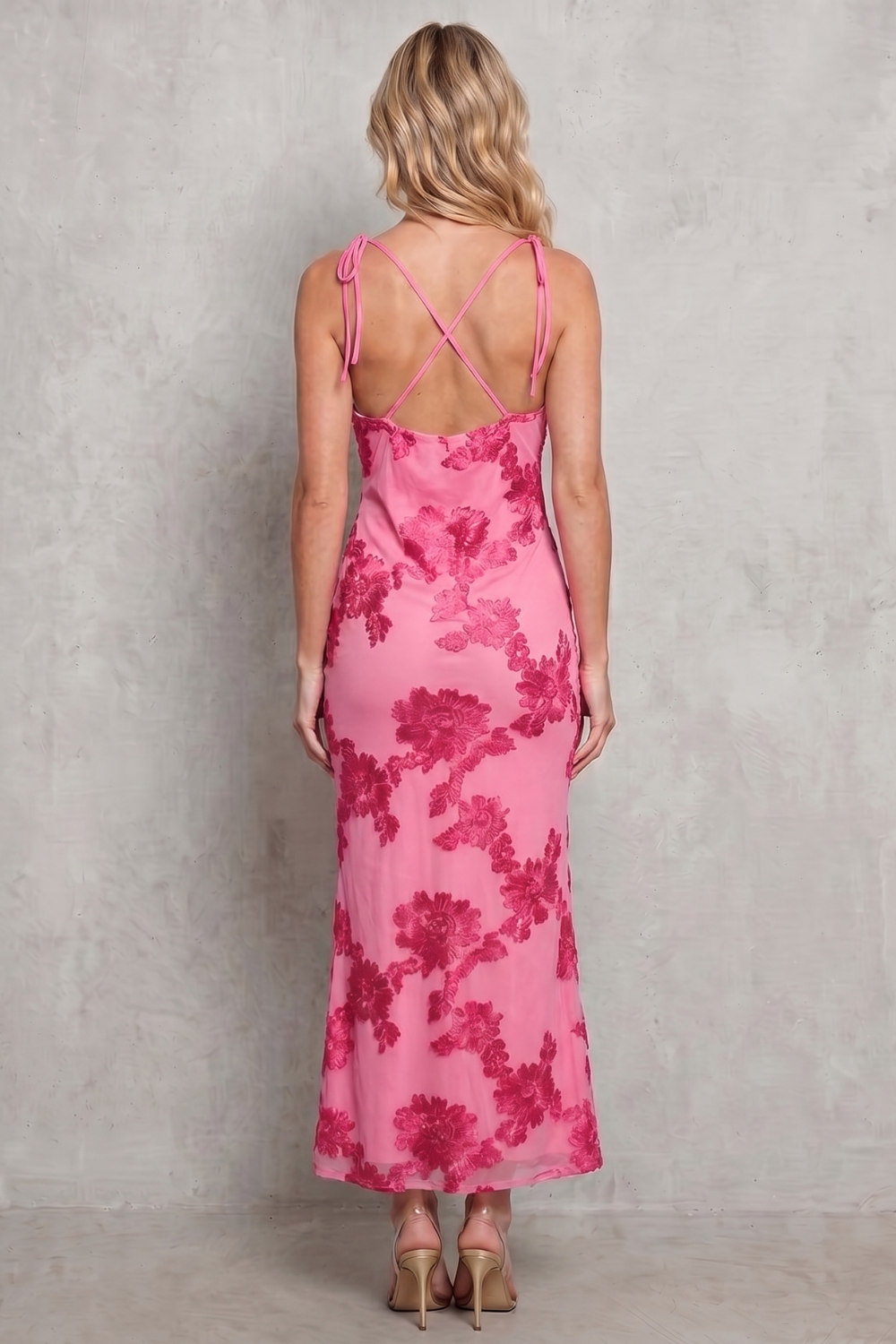 Rosalind | Maxi Dress Pink Floral Mesh Bodycon Spaghetti Strap for Women