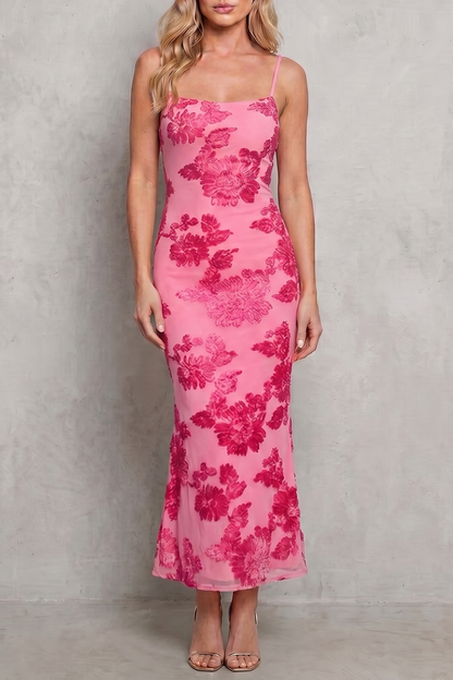 Rosalind | Maxi Dress Pink Floral Mesh Bodycon Spaghetti Strap for Women