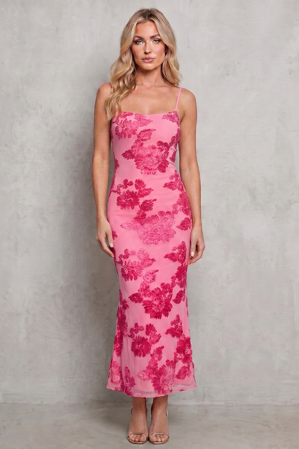 Rosalind | Maxi Dress Pink Floral Mesh Bodycon Spaghetti Strap for Women