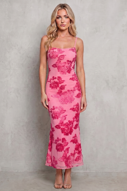 Rosalind | Maxi Dress Pink Floral Mesh Bodycon Spaghetti Strap for Women