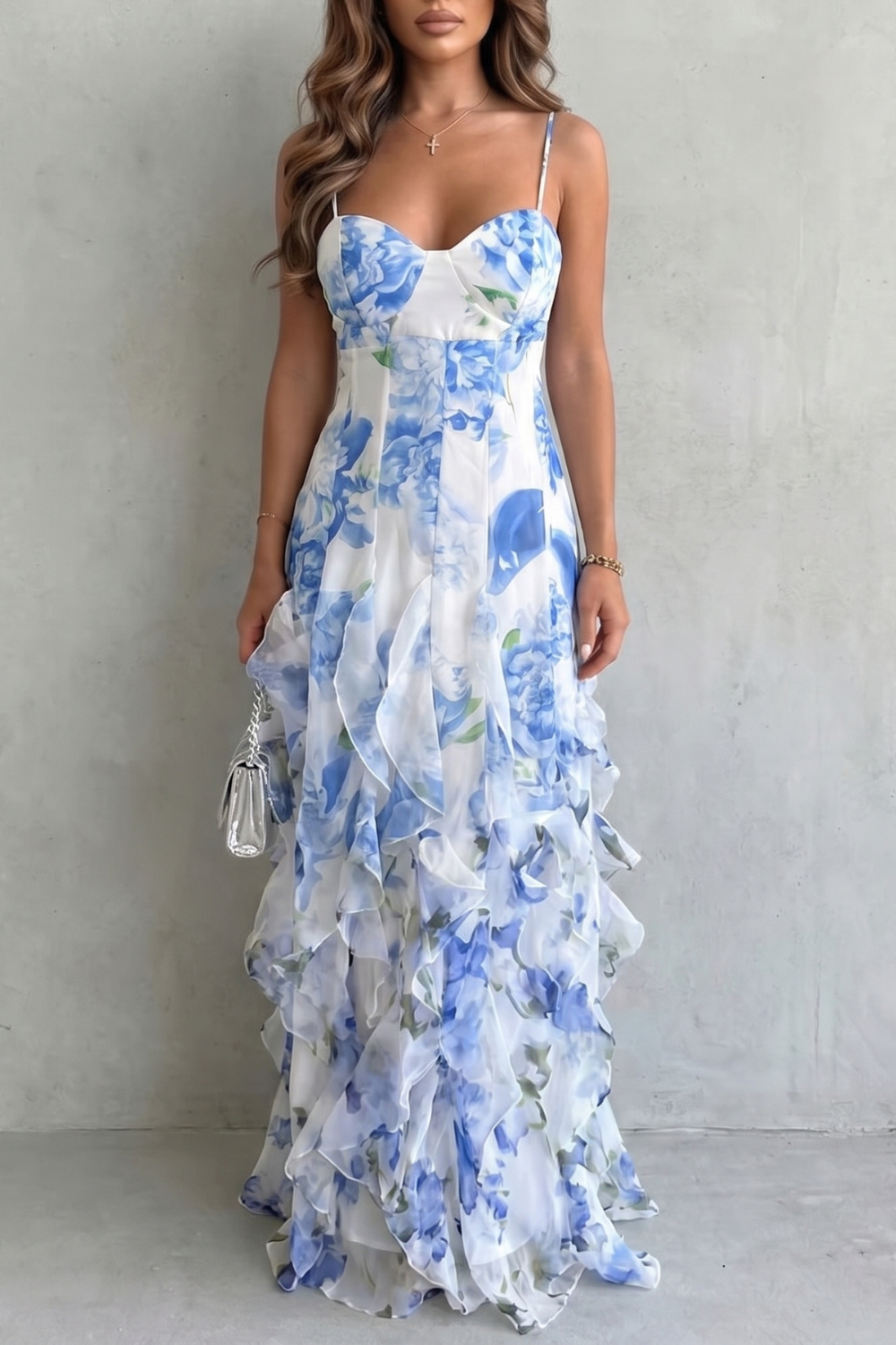 Rosalind | Maxi Dress Red Floral Chiffon Ruffle Spaghetti Strap for Women