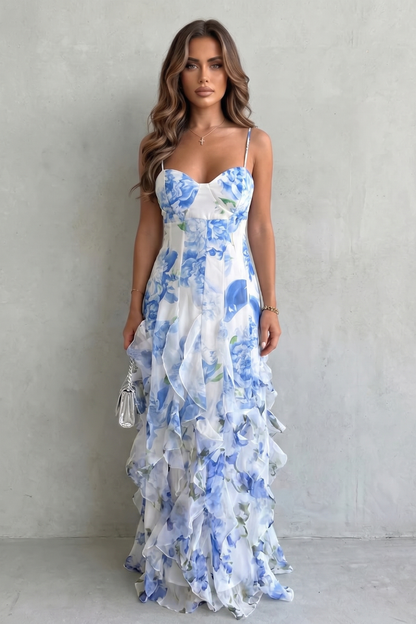 Rosalind | Maxi Dress Red Floral Chiffon Ruffle Spaghetti Strap for Women