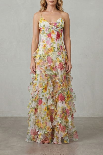 Rosalind | Maxi Dress Red Floral Chiffon Ruffle Spaghetti Strap for Women