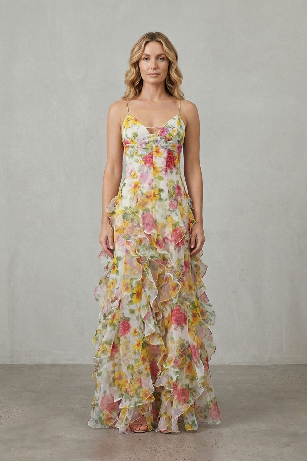 Rosalind | Maxi Dress Red Floral Chiffon Ruffle Spaghetti Strap for Women
